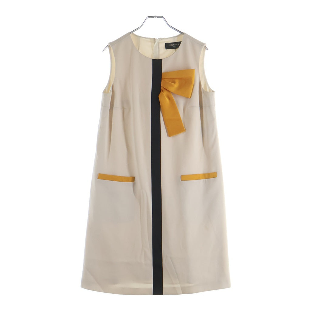 PAULE KA(ポールカ) バックジップ フロントリボン ノースリーブワンピース アイボリー×ブラック×オレンジ #38 レディース