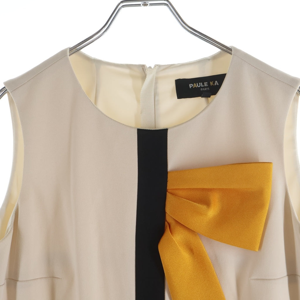 PAULE KA(ポールカ) バックジップ フロントリボン ノースリーブワンピース アイボリー×ブラック×オレンジ #38 レディース