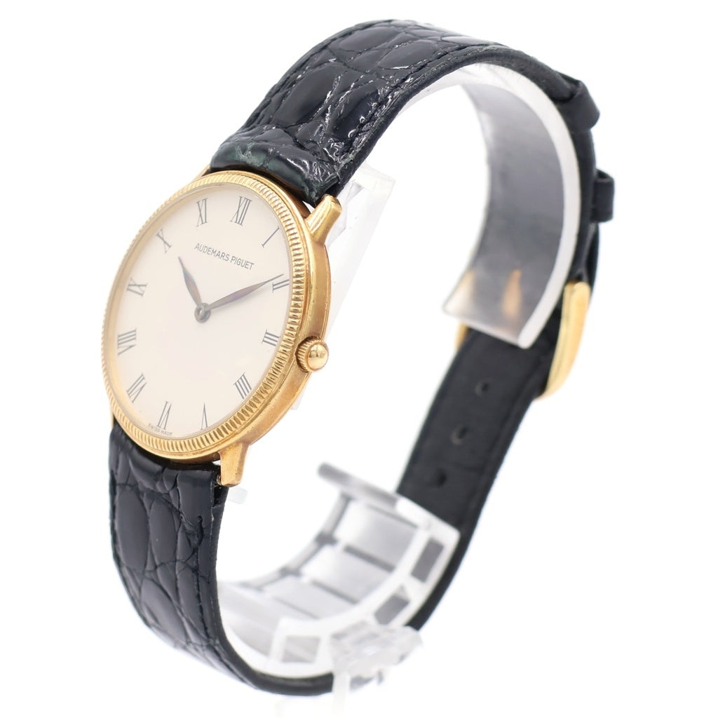 AUDEMARS PIGUET(オーデマ ピゲ) ドレスウォッチ 白文字盤 レザーベルト クォーツ 腕時計 K18YG イエローゴールド/ブラック