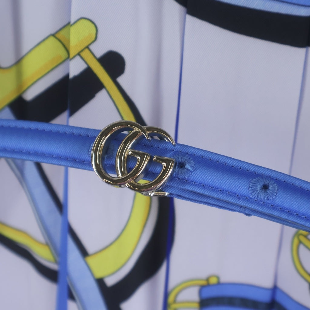 GUCCI(グッチ) 総柄プリント ベルト付き ノースリーブ シルク プリーツ ワンピース ブルー/ホワイト レディース 793656