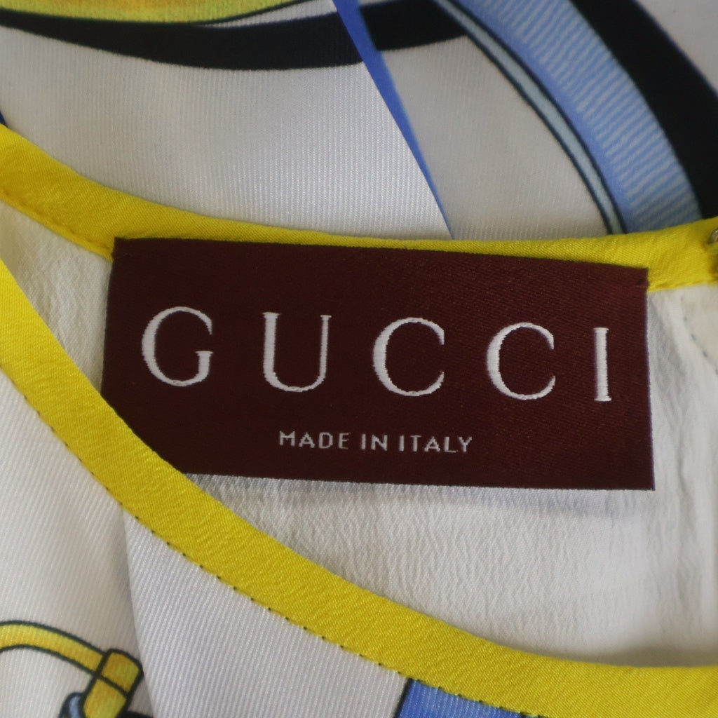 GUCCI(グッチ) 総柄プリント ベルト付き ノースリーブ シルク プリーツ ワンピース ブルー/ホワイト レディース 793656