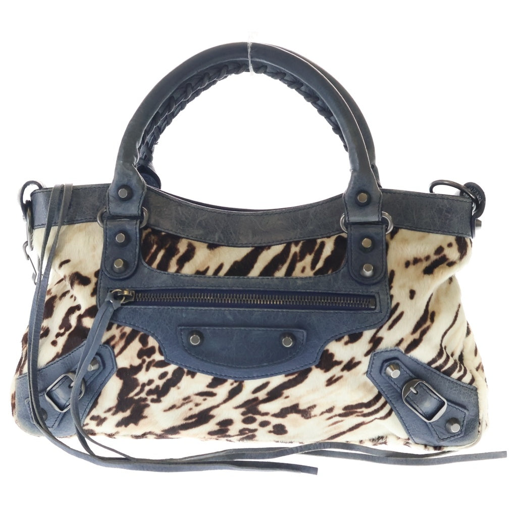 BALENCIAGA(バレンシアガ) ザ シティ ハラコ 2WAYハンドバッグ ヒョウ柄 レオパード ショルダーバッグ ライトブルー×アイボリー レザー 103208 シルバー金具 レディース