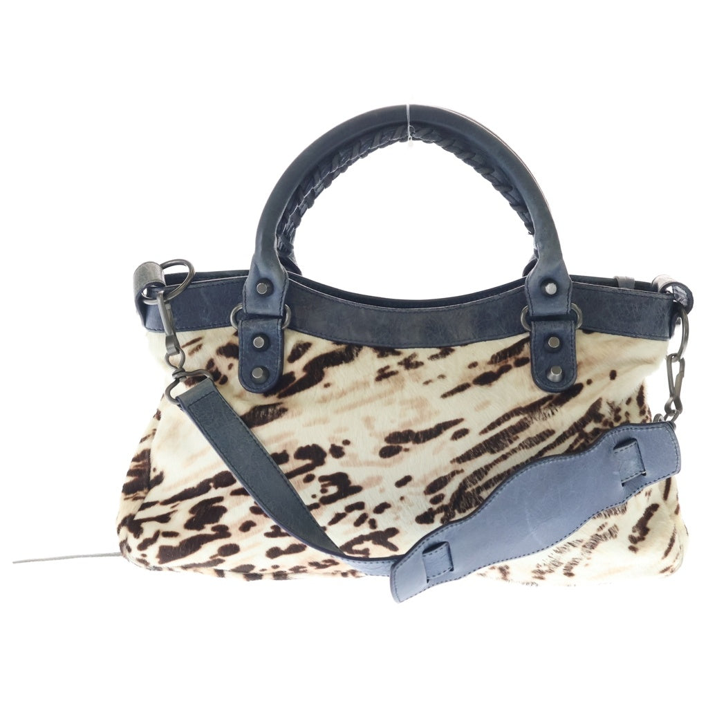 BALENCIAGA(バレンシアガ) ザ シティ ハラコ 2WAYハンドバッグ ヒョウ柄 レオパード ショルダーバッグ ライトブルー×アイボリー レザー 103208 シルバー金具 レディース