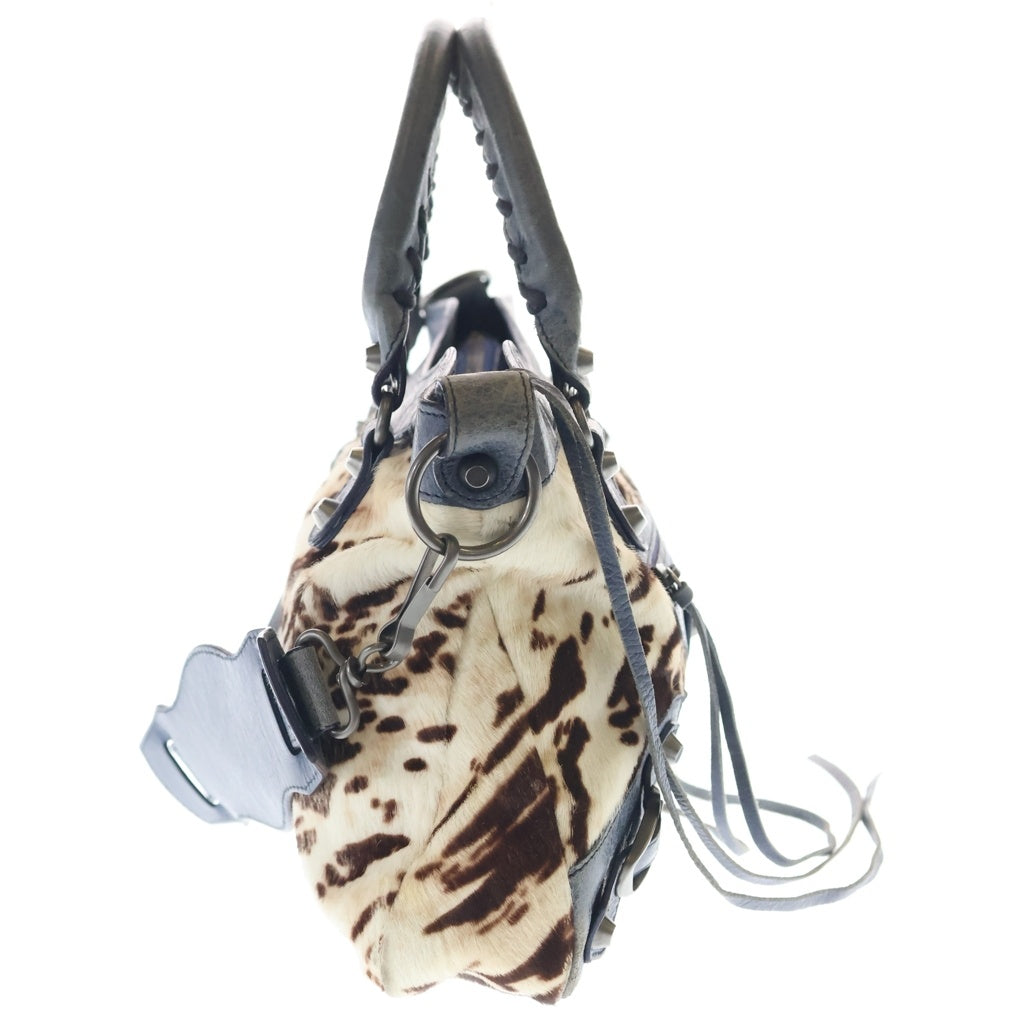 BALENCIAGA(バレンシアガ) ザ シティ ハラコ 2WAYハンドバッグ ヒョウ柄 レオパード ショルダーバッグ ライトブルー×アイボリー レザー 103208 シルバー金具 レディース