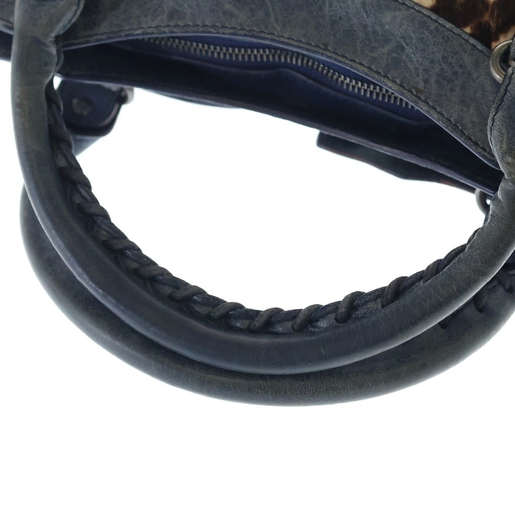 BALENCIAGA(バレンシアガ) ザ シティ ハラコ 2WAYハンドバッグ ヒョウ柄 レオパード ショルダーバッグ ライトブルー×アイボリー レザー 103208 シルバー金具 レディース