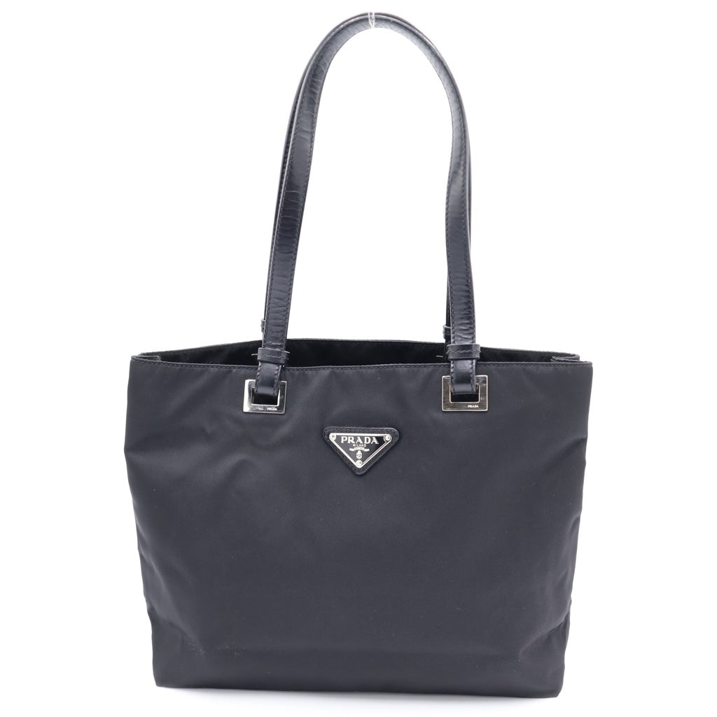PRADA(プラダ) トライアングルロゴ ナイロン レザー シルバー金具 ハンドバッグ トートバッグ ブラック レディース