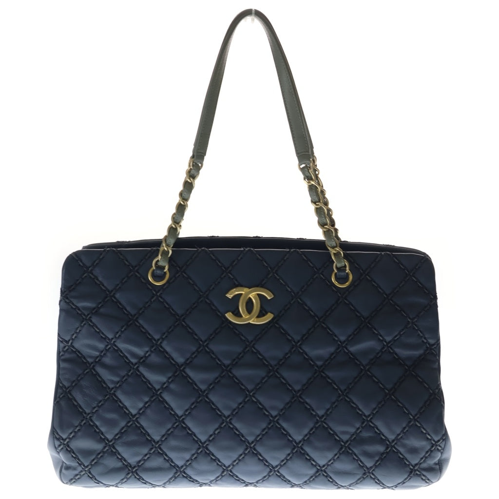 CHANEL(シャネル) ワイルドステッチ マトラッセ レザー チェーンショルダー トートバッグ ゴールド金具 ネイビー 19番台 レディース