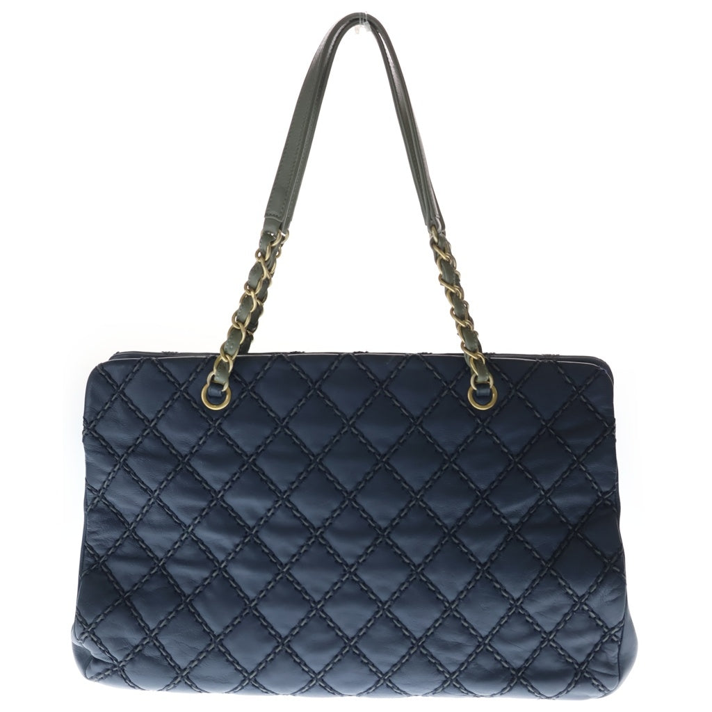 CHANEL(シャネル) ワイルドステッチ マトラッセ レザー チェーンショルダー トートバッグ ゴールド金具 ネイビー 19番台 レディース