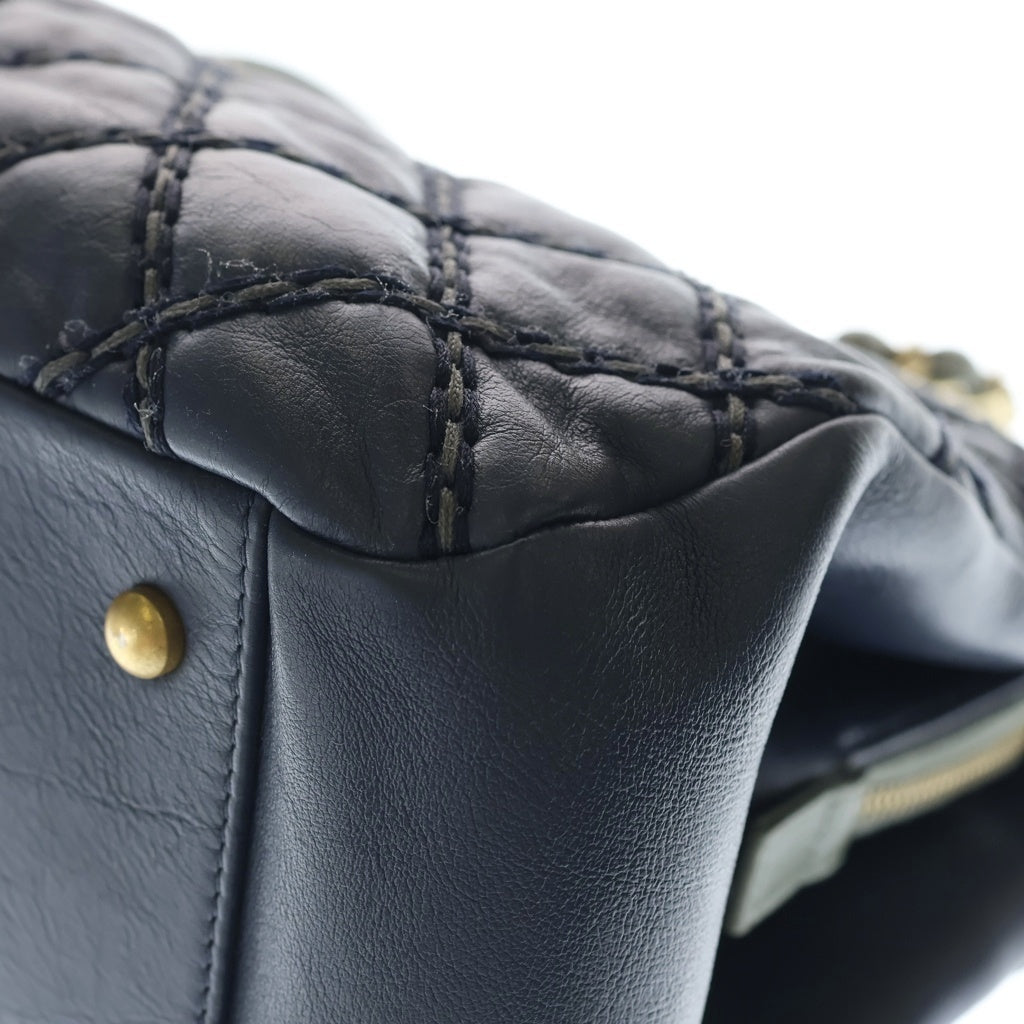 CHANEL(シャネル) ワイルドステッチ マトラッセ レザー チェーンショルダー トートバッグ ゴールド金具 ネイビー 19番台 レディース