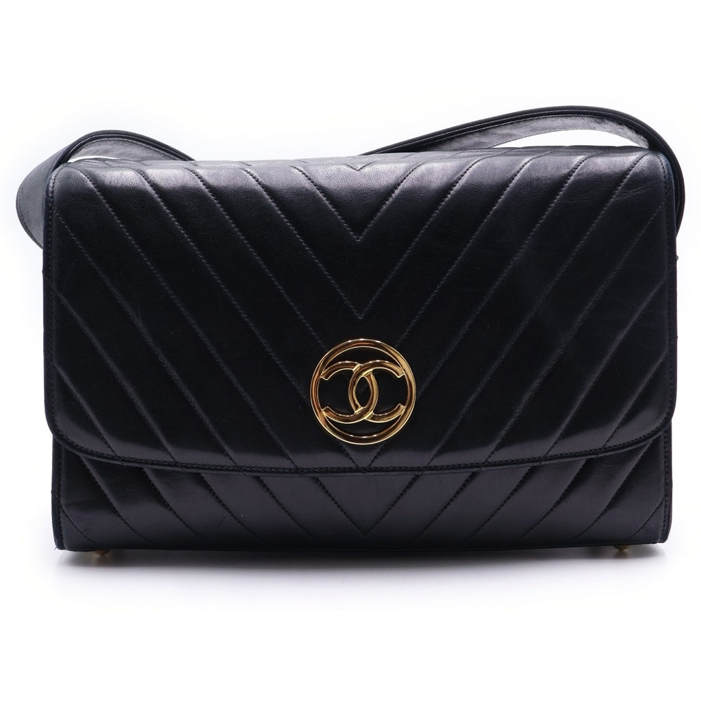 CHANEL(シャネル) シェブロン ラムスキン ゴールド金具 ヴィンテージ ショルダーバッグ ブラック レディース