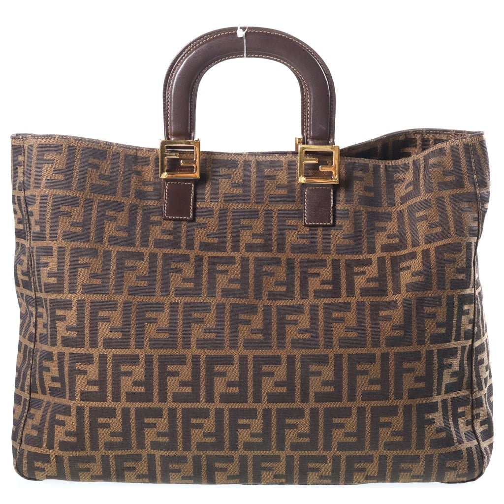 FENDI(フェンディ) ズッカ ハンドバッグ トートバッグ ブラウン レザー×キャンバス ゴールド金具 レディース