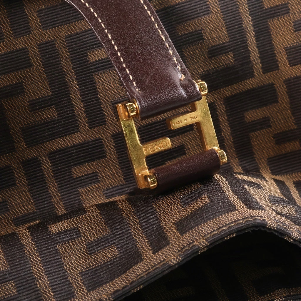 FENDI(フェンディ) ズッカ ハンドバッグ トートバッグ ブラウン レザー×キャンバス ゴールド金具 レディース