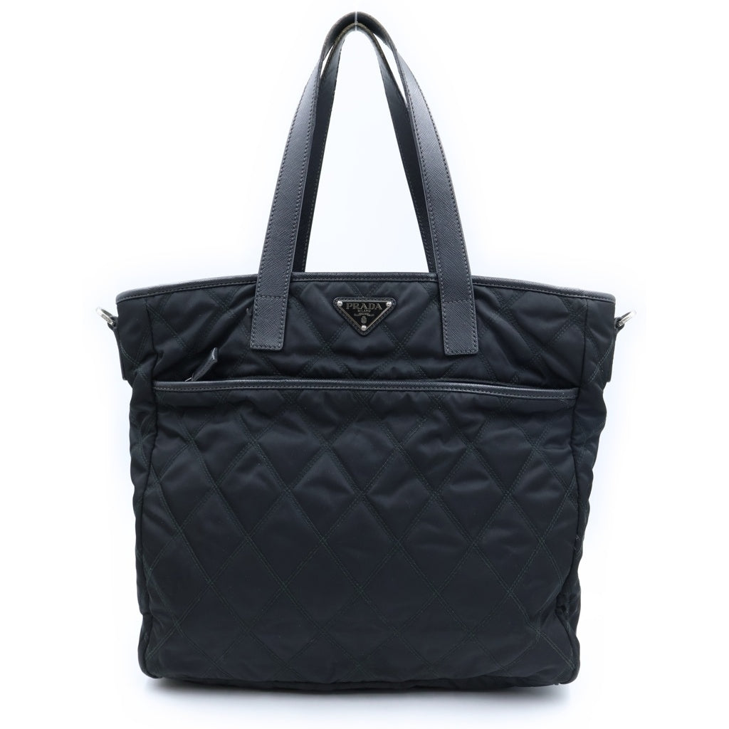 PRADA(プラダ) トライアングルロゴ キルティングトートバッグ ハンドバッグ レザー×ナイロン シルバー金具