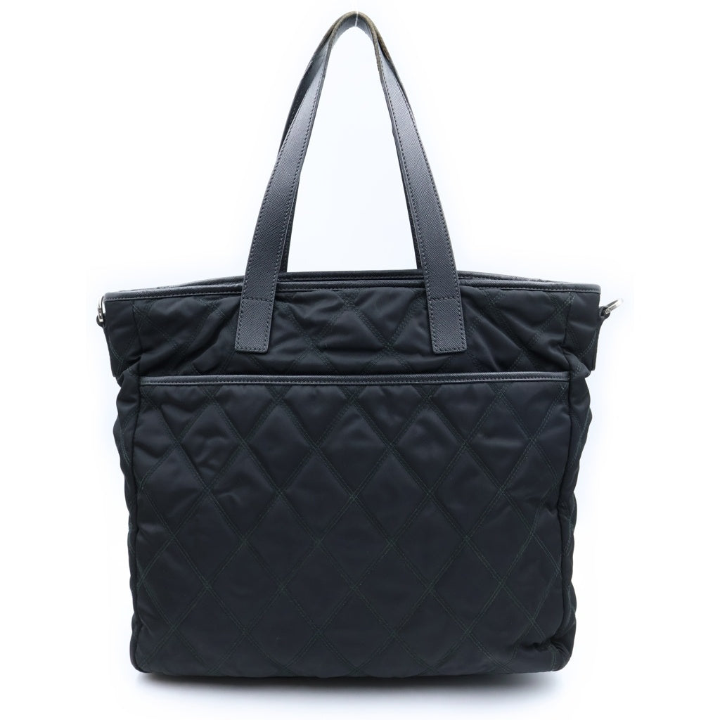 PRADA(プラダ) トライアングルロゴ キルティングトートバッグ ハンドバッグ レザー×ナイロン シルバー金具