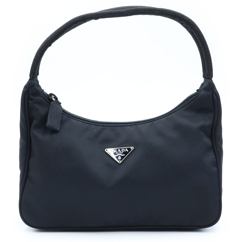 PRADA(プラダ) ホーボー ナイロン トライアングルロゴプレート ハンドバッグ シルバー金具 ブラック MV515 レディース