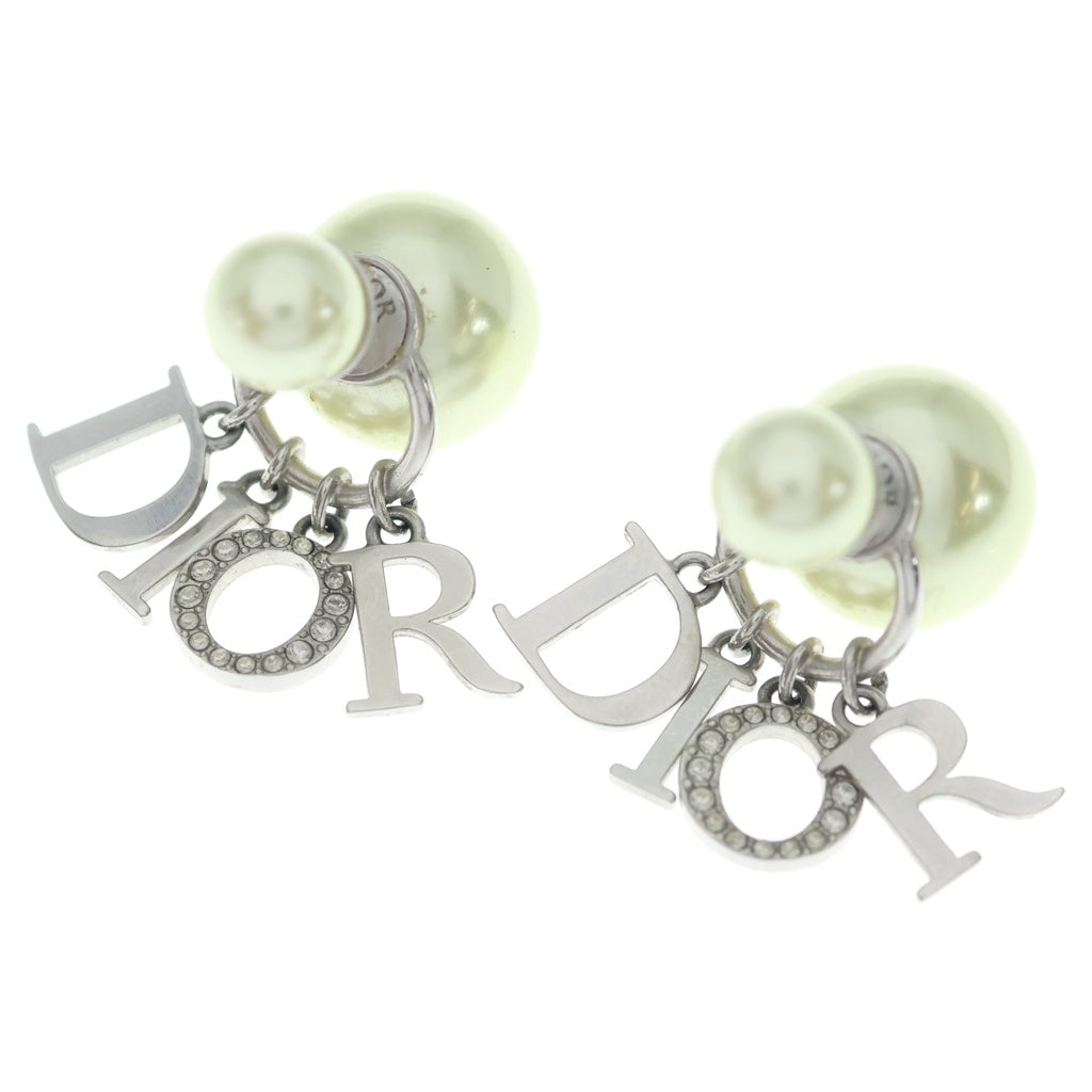Christian Dior(クリスチャンディオール) トライバル ロゴラインストーン パールピアス ホワイト×シルバー レディース