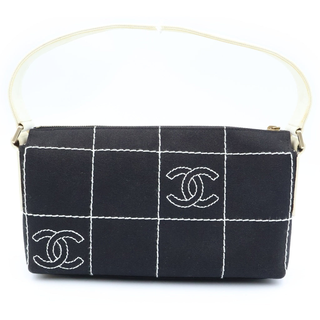 CHANEL(シャネル) チョコバー ワンショルダーバッグ ブラック×ホワイト キャンバス ゴールド金具 レディース