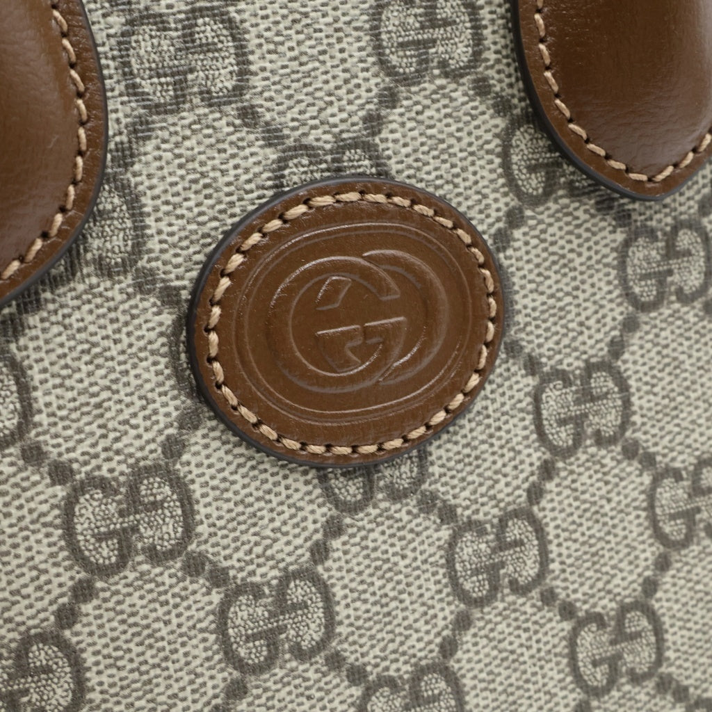 GUCCI(グッチ) インターロッキングG ハンドバッグ ショルダーバッグ ベージュ×ブラウン PVC×レザー 671623 ゴールド金具 レディース
