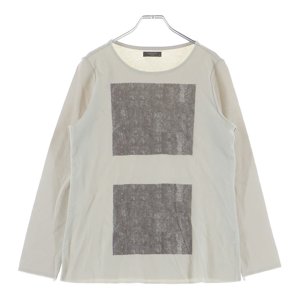 HIROKO KOSHINO(ヒロコ コシノ) スクエアプリント シアー パワーネット レイヤード クルーネック ロングスリーブ 長袖Tシャツ カットソー ベージュ レディース M