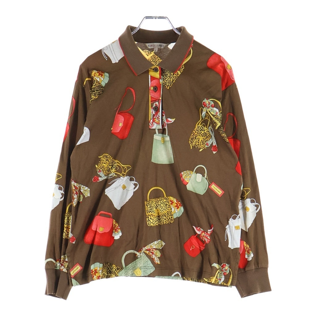 LEONARD(レオナール) スポーツ バッグ柄 長袖ポロシャツ ブラウン #L レディース