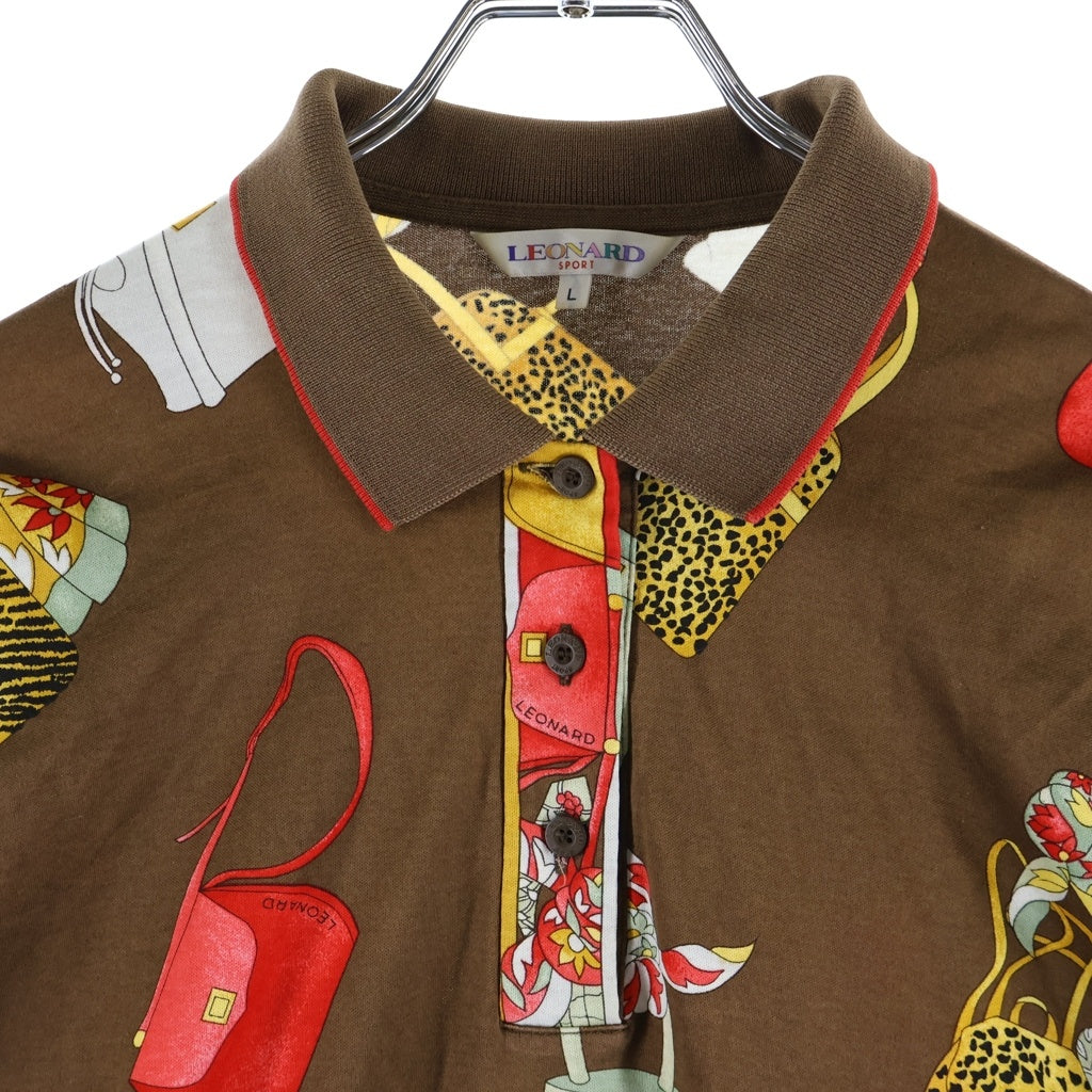 LEONARD(レオナール) スポーツ バッグ柄 長袖ポロシャツ ブラウン #L レディース