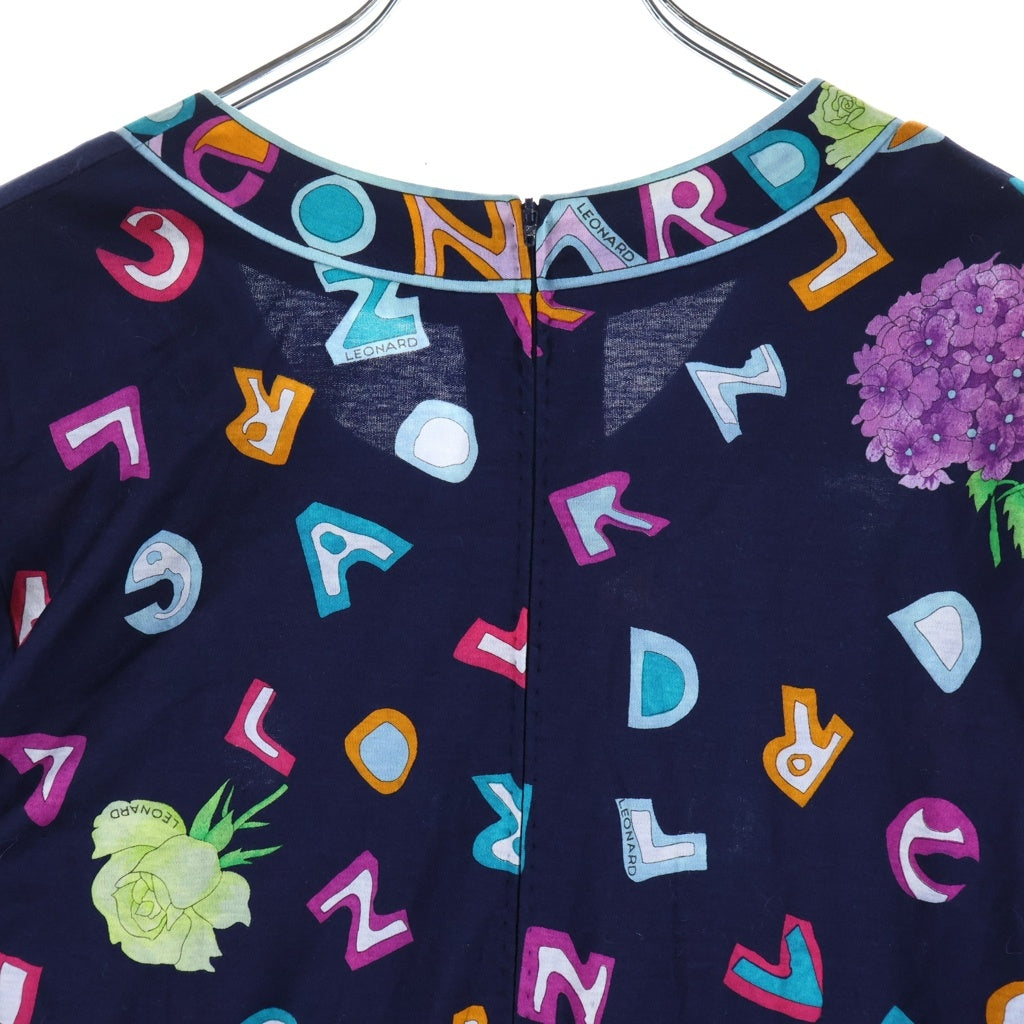 LEONARD(レオナール) アルファベットフラワーデザイン半袖ワンピース ネイビー #L レディース