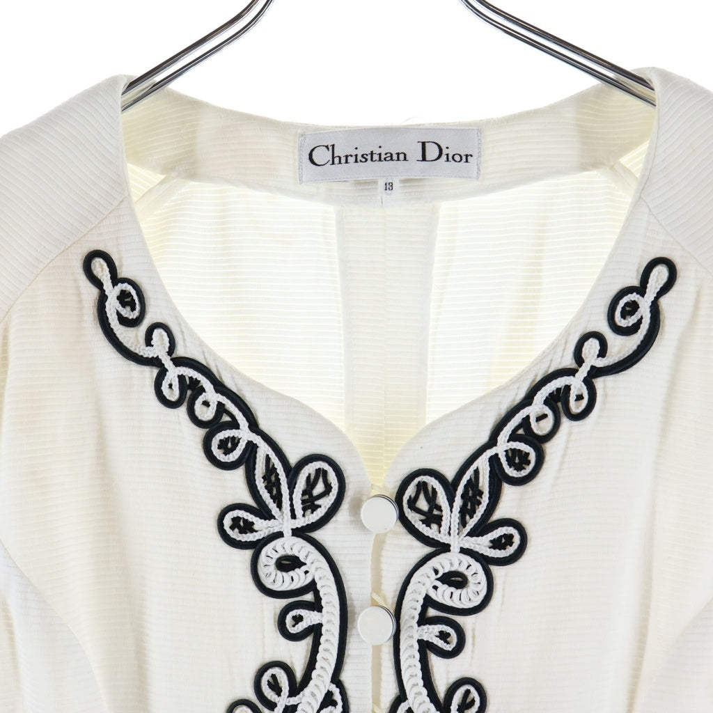 Christian Dior(クリスチャンディオール) 刺繍デザインノーカラー半袖シャツ ホワイト #13 レディース
