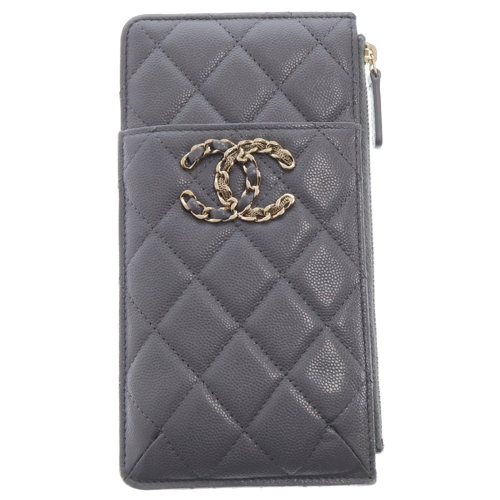 CHANEL(シャネル) マトラッセ フラグメントケースラージ グレー キャビアスキン ウォレット ゴールド金具