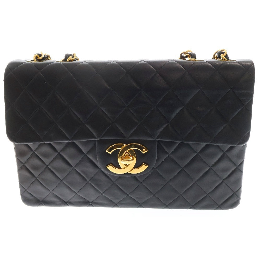 CHANEL(シャネル) デカマトラッセ シングルフラップ ダブルチェーンショルダーバック ブラック 斜め掛けバッグ 肩掛けバッグ ラムスキン ゴールド金具