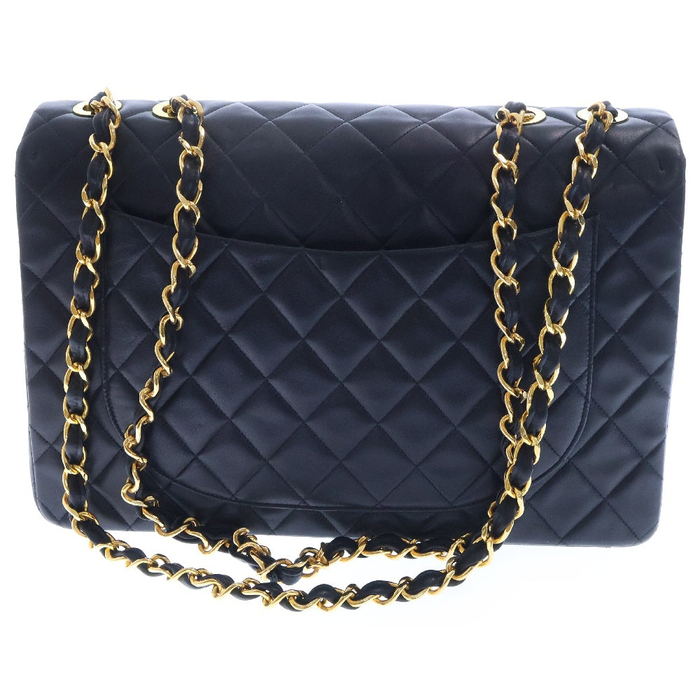 CHANEL(シャネル) デカマトラッセ シングルフラップ ダブルチェーンショルダーバック ブラック 斜め掛けバッグ 肩掛けバッグ ラムスキン ゴールド金具