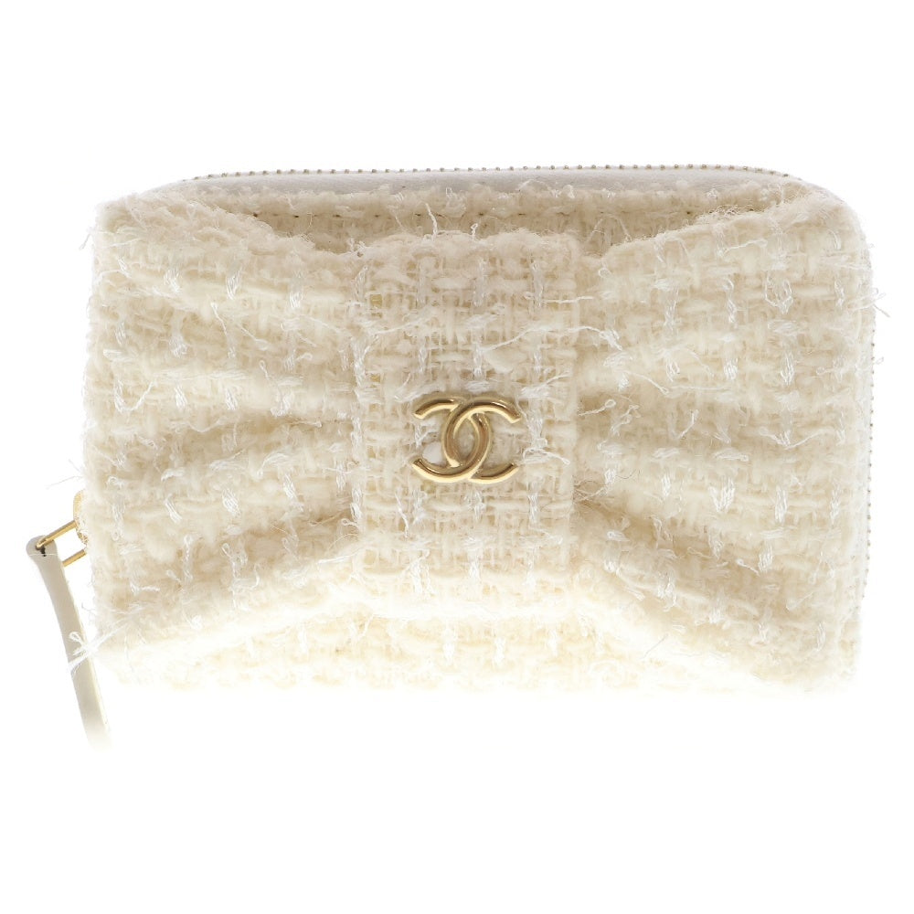 CHANEL(シャネル) リボン ミニチェーンウォレット コインケース ホワイト ツイード ゴールド金具 ショルダーバッグ ミニバッグ チェーンショルダー 財布