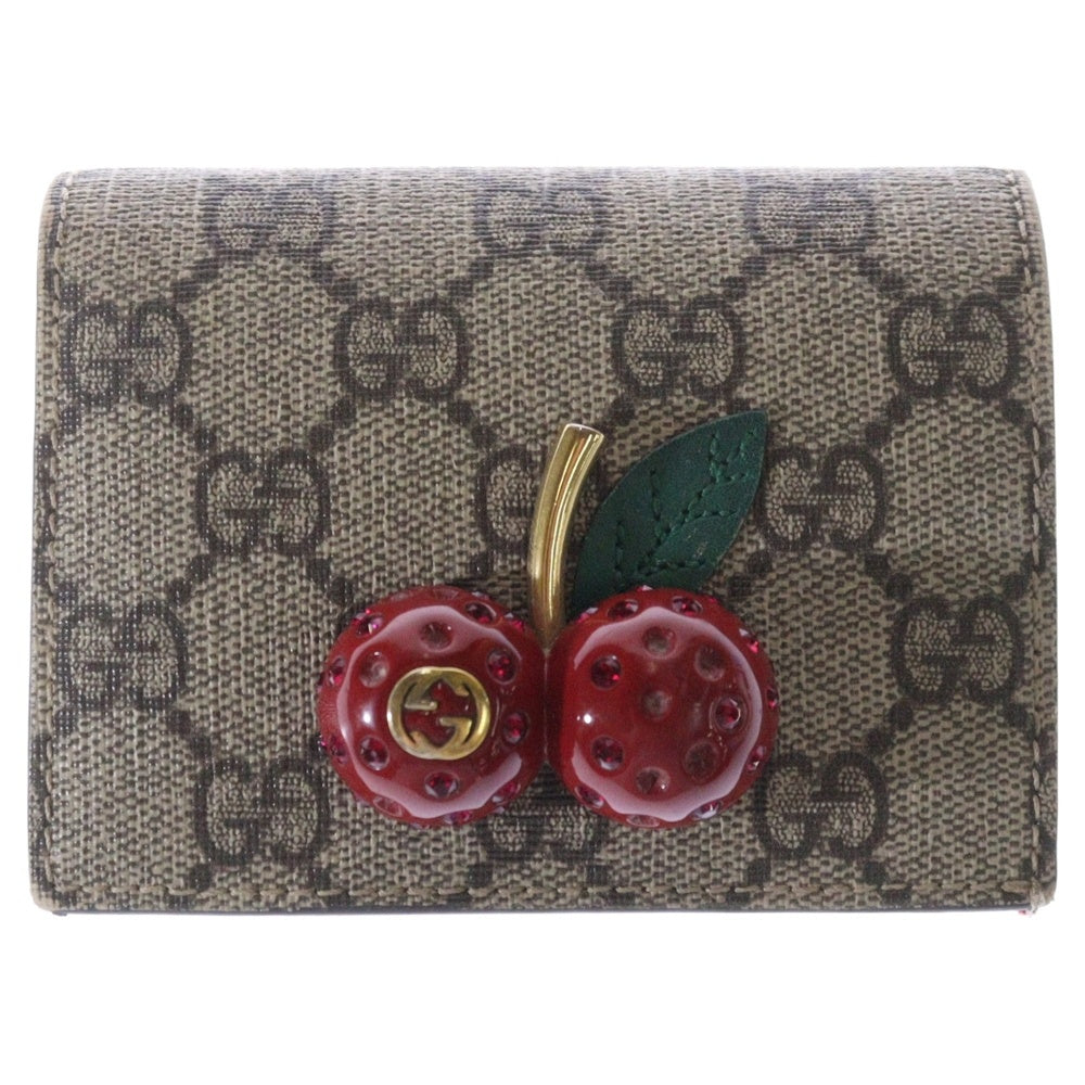 GUCCI(グッチ) GGスプリーム チェリー コンパクトウォレット PVC×レザー ベージュ 財布