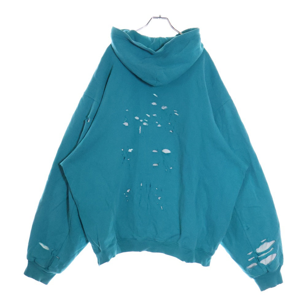 BALENCIAGA(バレンシアガ) 21SS Caps Destroyed Hoodie キャップス デストロイド フーディ プルオーバースウェットパーカー ダメージ加工 グリーン ターコイズブルー