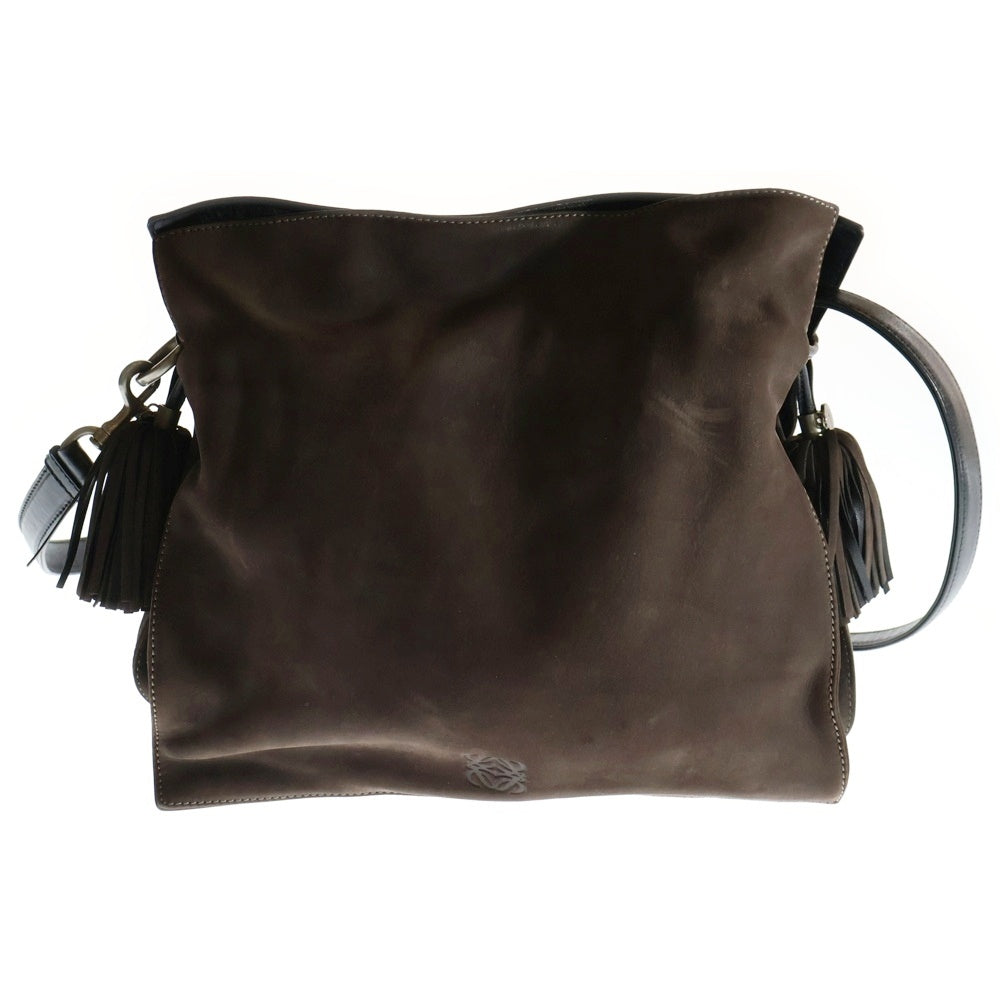 LOEWE(ロエベ) フラメンコ30 アナグラム ロゴ スウェードレザー フリンジ セミ ワンショルダーバッグ ブラウン