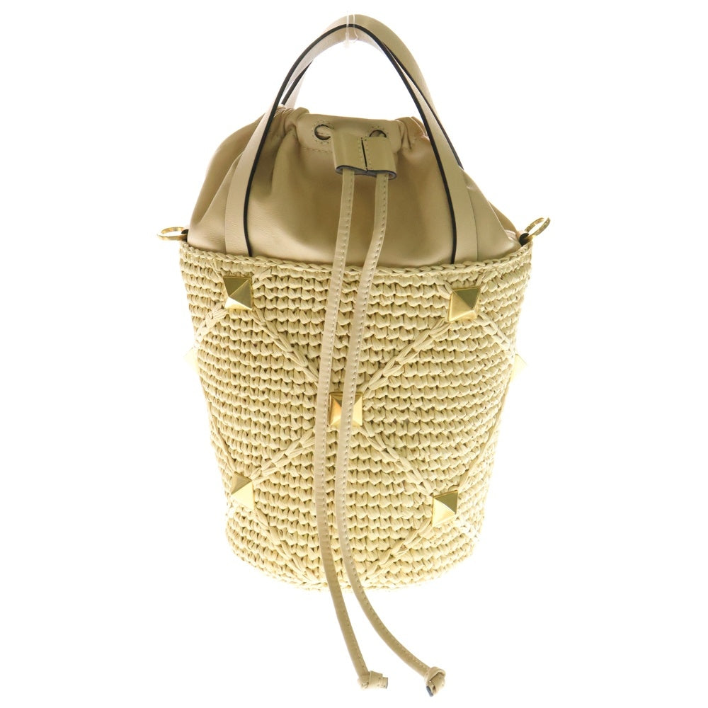 VALENTINO(ヴァレンティノ) ローマンスタッズ バケットバッグ ナチュラル ラフィア×レザー ゴールド金具