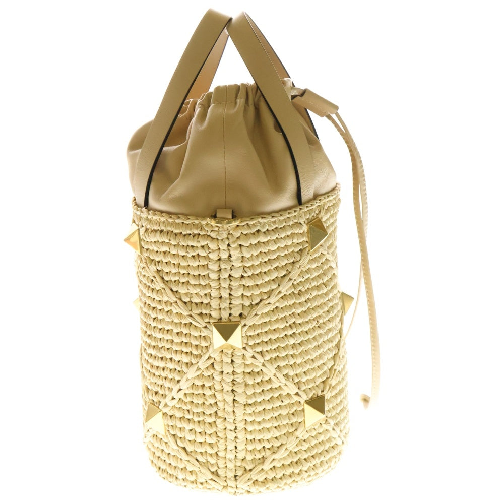 VALENTINO(ヴァレンティノ) ローマンスタッズ バケットバッグ ナチュラル ラフィア×レザー ゴールド金具