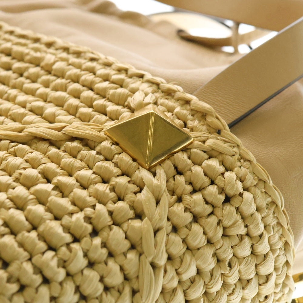 VALENTINO(ヴァレンティノ) ローマンスタッズ バケットバッグ ナチュラル ラフィア×レザー ゴールド金具