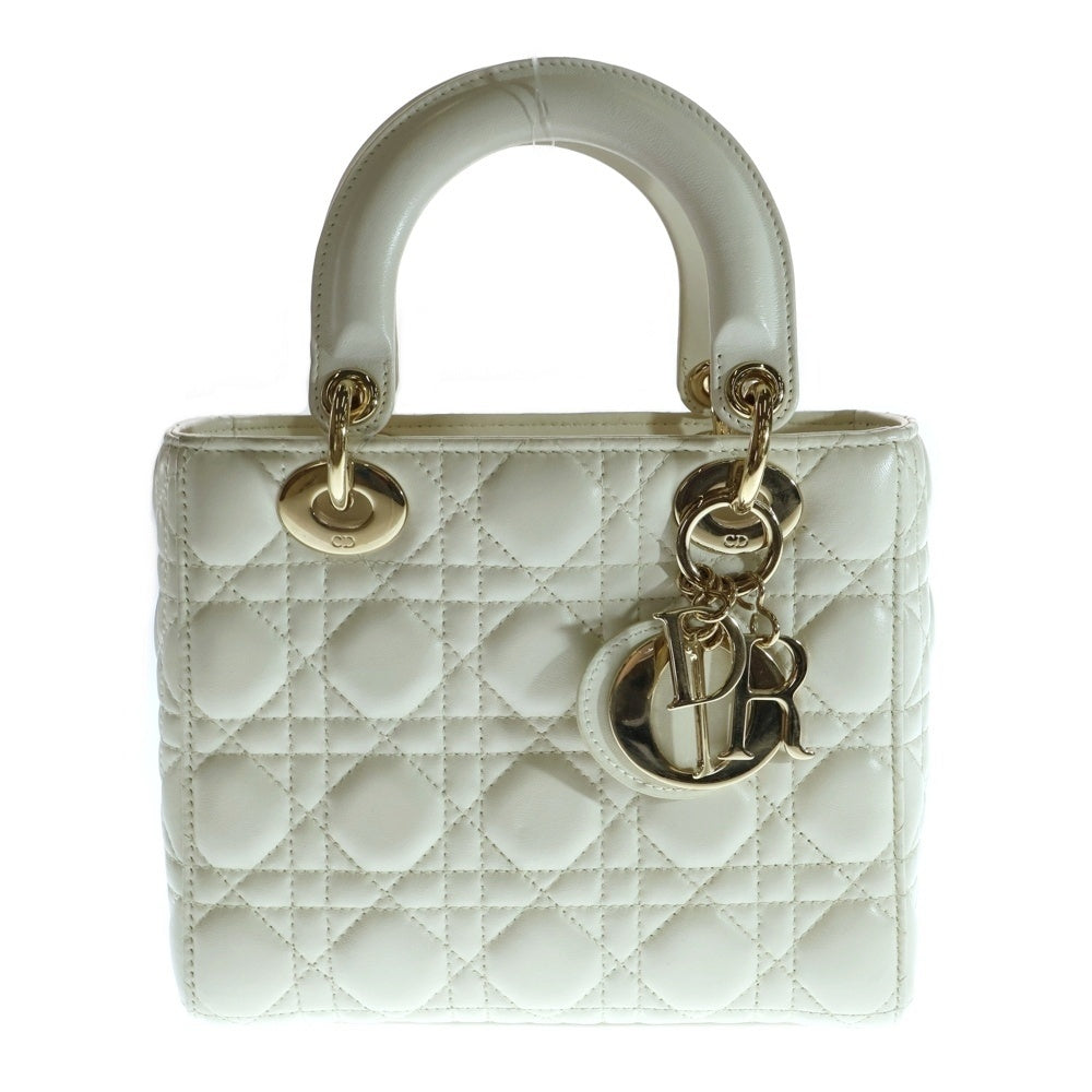 DIOR(ディオール) LADY DIOR スモール ホワイト ラムスキン 2wayハンドバッグ ショルダーバッグ レディース ゴールド金具