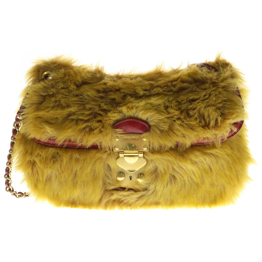 miumiu(ミュウミュウ) 2WAYバッグ ハンドバッグ チェーンショルダーバッグ フェイクファー×レザー イエロー×レッド ゴールド金具