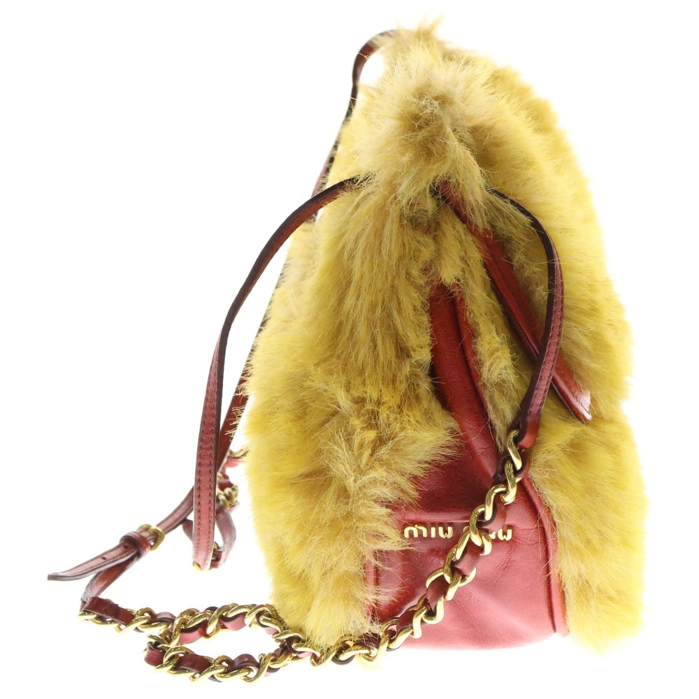 miumiu(ミュウミュウ) 2WAYバッグ ハンドバッグ チェーンショルダーバッグ フェイクファー×レザー イエロー×レッド ゴールド金具