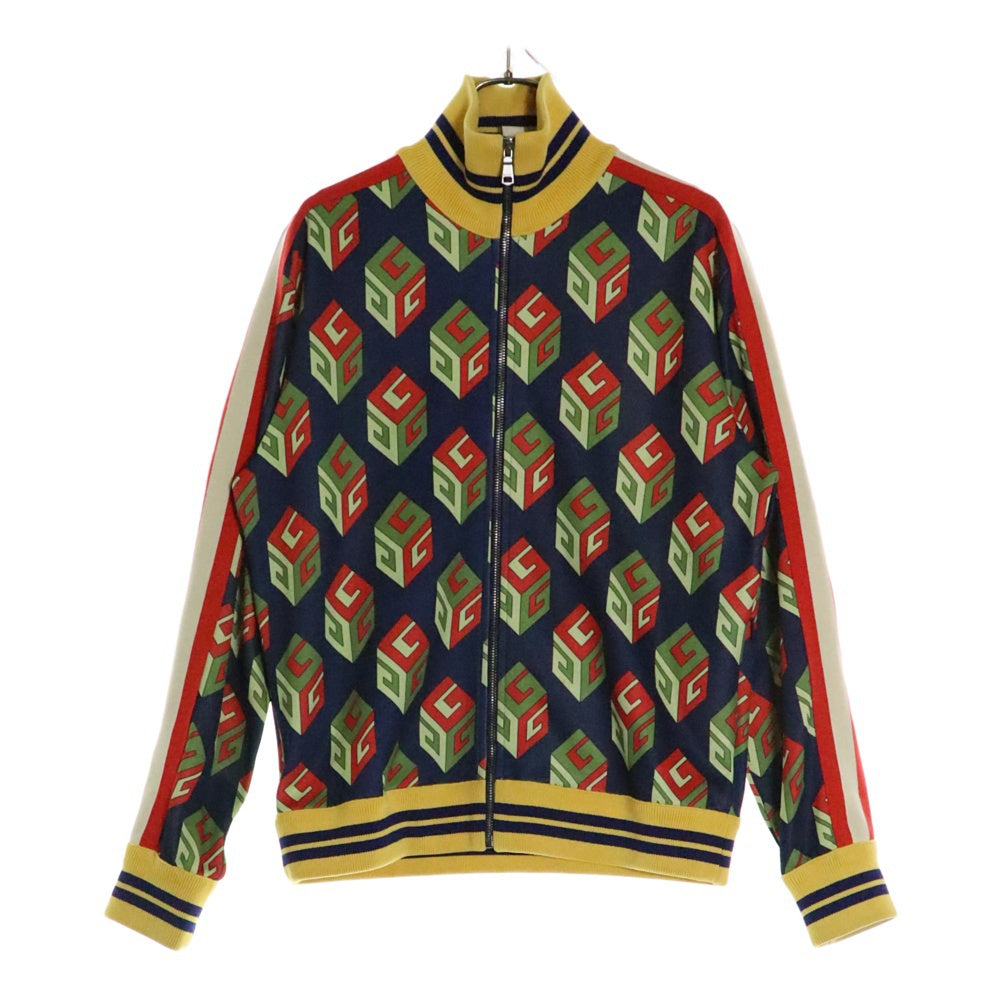 GUCCI(グッチ) Gキューブ 総柄プリント サイドライン ジップアップ スウェット トラックジャケット ネイビー/イエロー 475359
