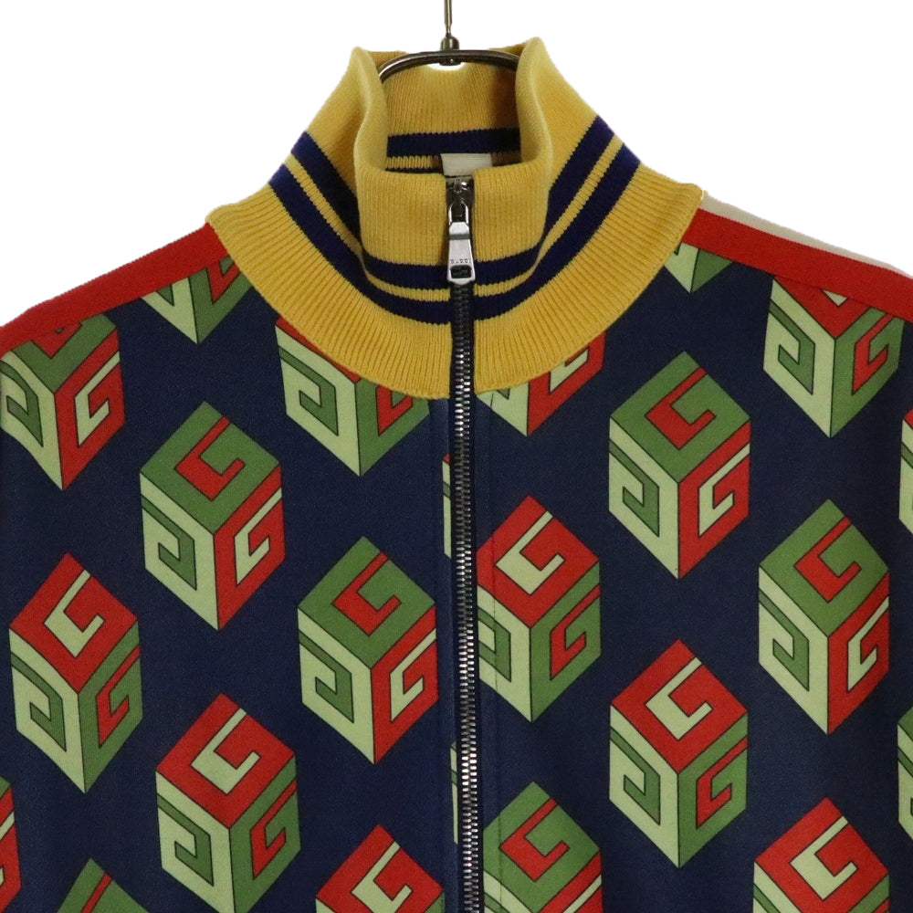 GUCCI(グッチ) Gキューブ 総柄プリント サイドライン ジップアップ スウェット トラックジャケット ネイビー/イエロー 475359