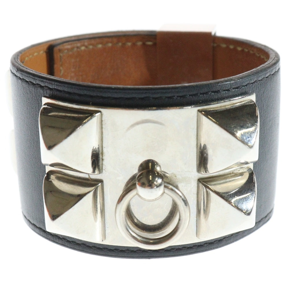 HERMES(エルメス) コリエ ドシアン バングル ブラック レザー スタッズ □R刻印 シルバー金具