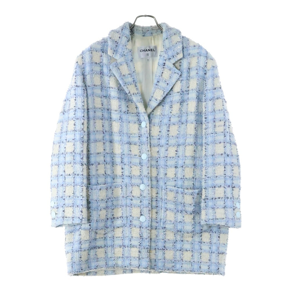 CHANEL(シャネル) 22AW ココマークボタン ラメ スパンコール ファンシーツイード チェック総柄 テーラードカラー 4B ロングジャケット コート ライトブルー P73383V64905