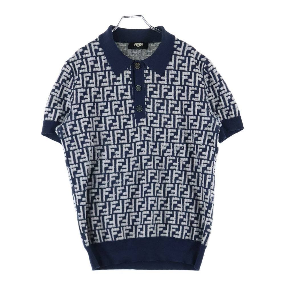 FENDI(フェンディ) ズッカ総柄 ジャガード ウール 半袖 ニット ポロシャツ ネイビー FZC349 AR85