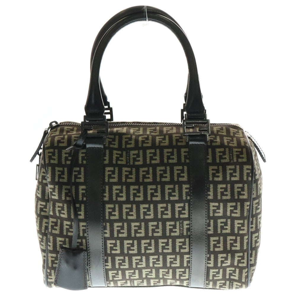 FENDI(フェンディ) ズッキーノ ズッカ柄 FFロゴプレート カナデ キャンバス レザー ハンドバッグ シルバー金具 ブラウン