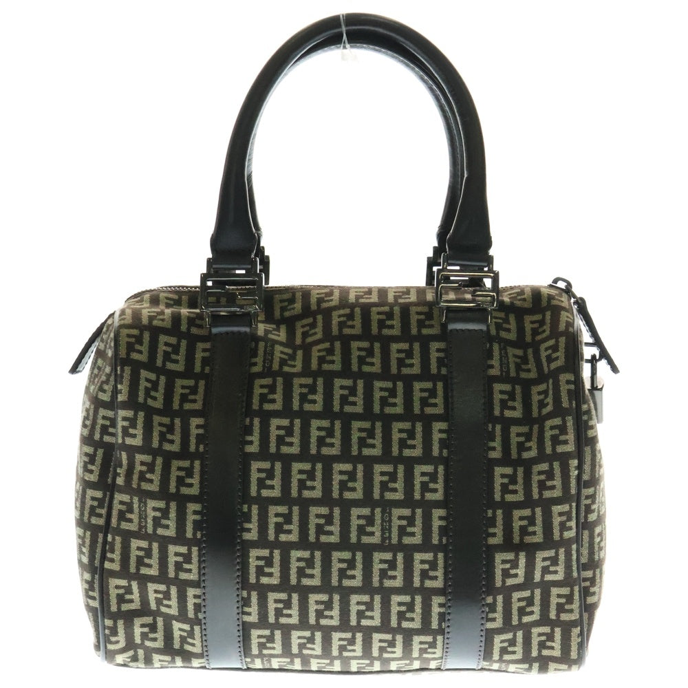 FENDI(フェンディ) ズッキーノ ズッカ柄 FFロゴプレート カナデ キャンバス レザー ハンドバッグ シルバー金具 ブラウン