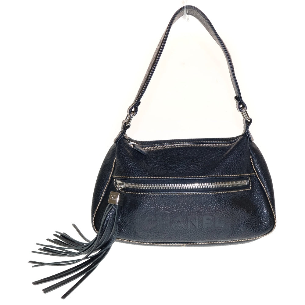 CHANEL(シャネル) フリンジ ステッチ ロゴ ワンショルダーバッグ ハンドバッグ ダークネイビー ブラック シルバー金具 レザー