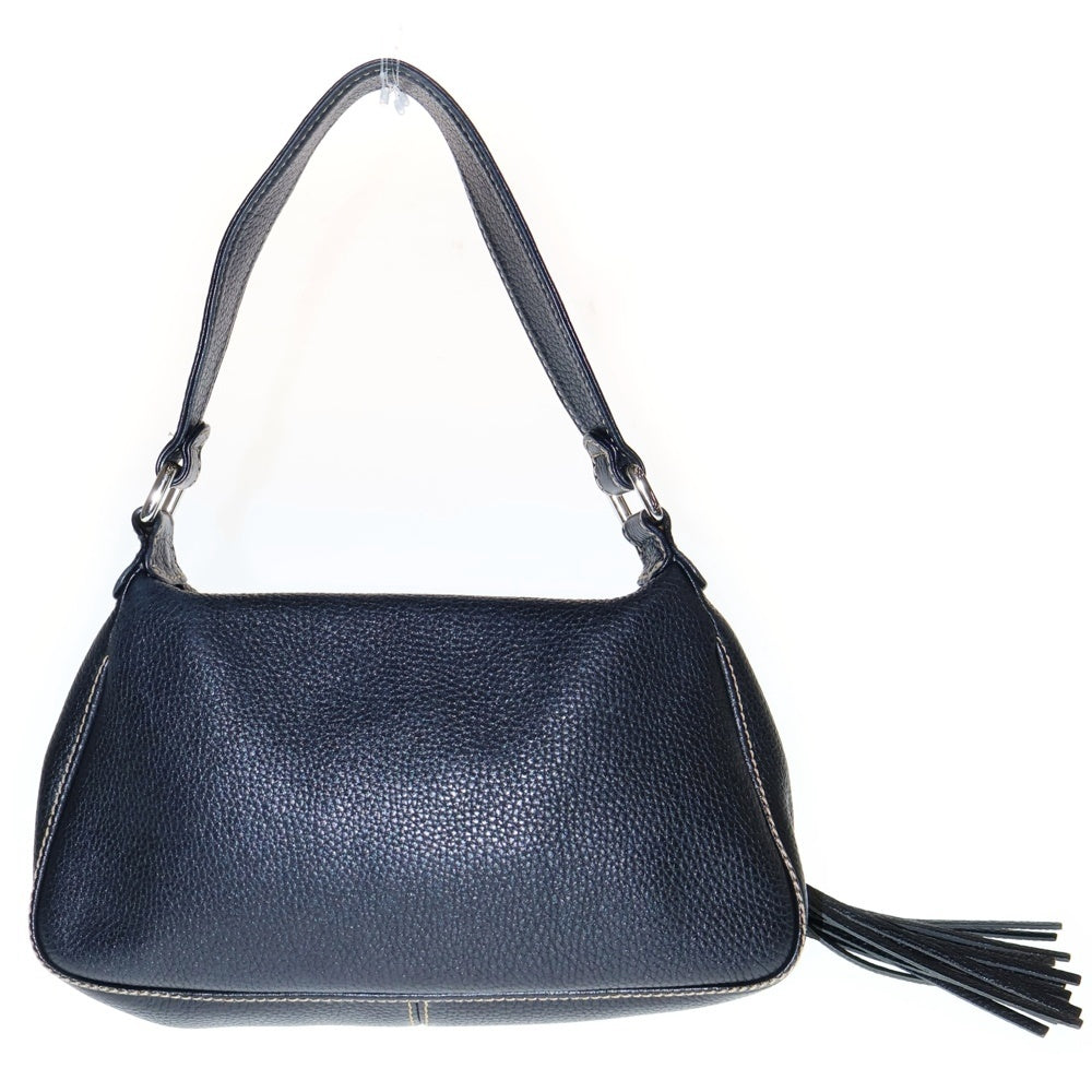 CHANEL(シャネル) フリンジ ステッチ ロゴ ワンショルダーバッグ ハンドバッグ ダークネイビー ブラック シルバー金具 レザー