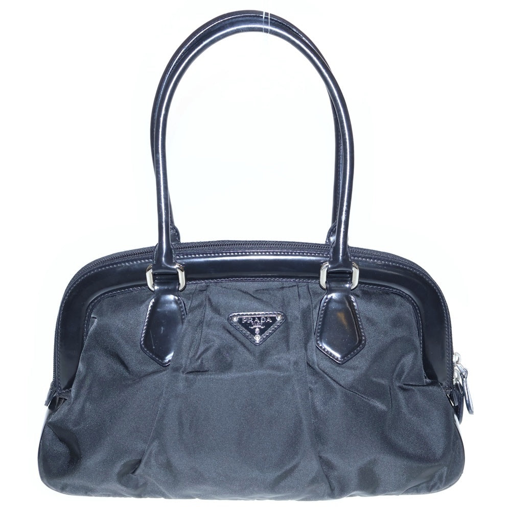 PRADA(プラダ) ナイロンロゴ三角プレート ハンドバッグ ブラック ナイロン×レザー シルバー金具